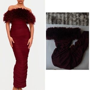 PLT LABEL BURGUNDY FAUX SHEARLING BARDOT RUCHED MIDMAXI DRESS